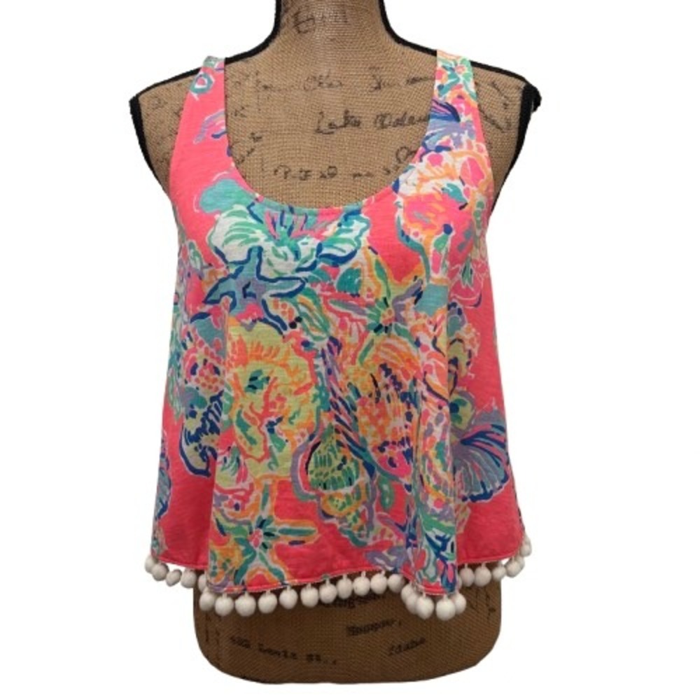 Lilly Pulitzer Shirley PomPom Tank Top Island‎ Seacret Print Hot Pink Size XS